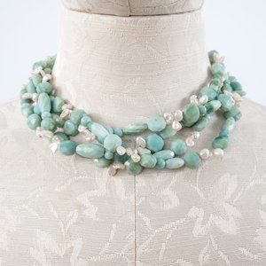 Real Quartz & Pearls Chunky Choker Necklace Blue